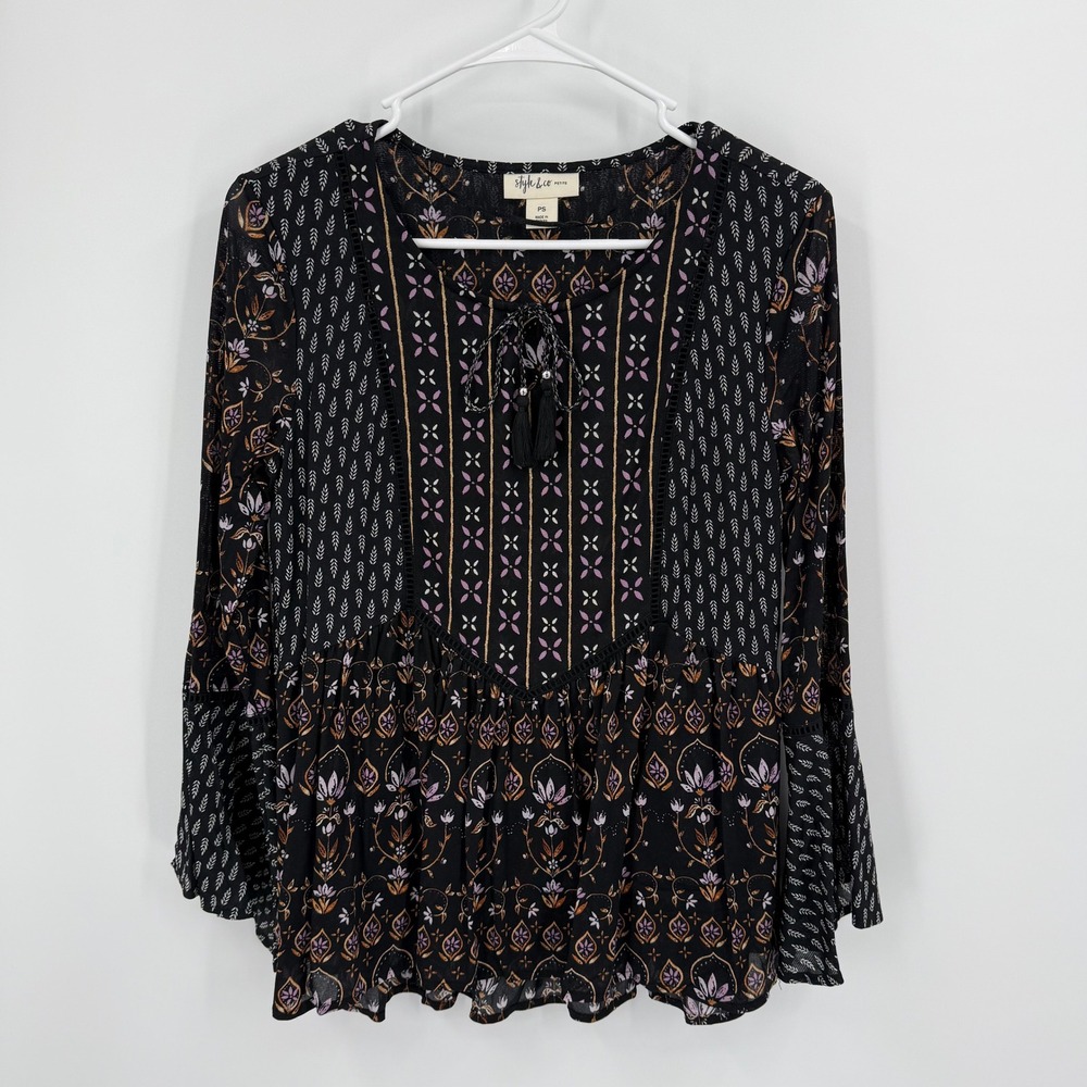 Style‎ & Co Petite Black Floral Print Long Sleeve Blouse Top Size PS